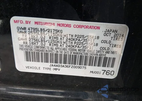 2015 Mitsubishi Outlander Se from USA, damaged, VIN JA4AD3A36FZ009075